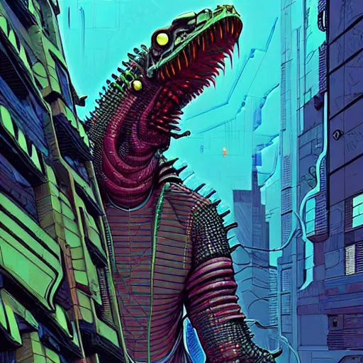 Image similar to A cyberpunk reptile cyborg on the street of a cyberpunk city art by Josan Gonzalez, sci-fi, highly detailed, digital painting, artstation, smooth, sharp focus, illustration, concept art by Josan Gonzalez and James Gurney and Mœbius