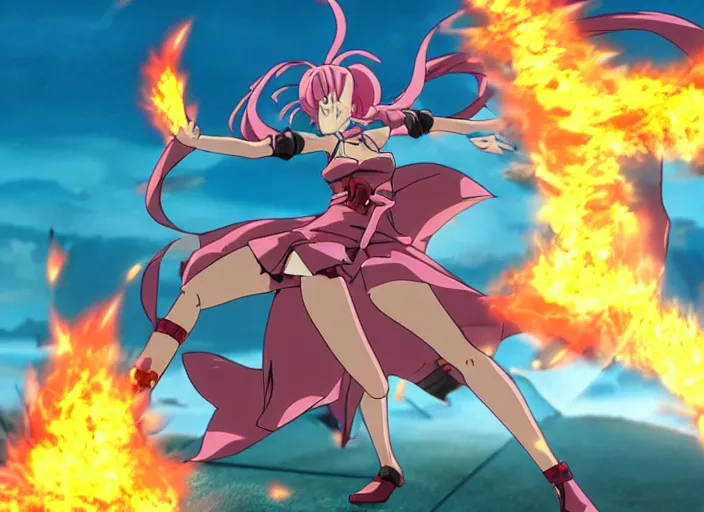 Image similar to in the style of Madhouse studio anime, girl shooting fireballs at a dragon, battle pose