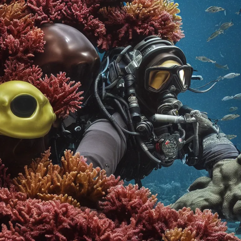 Prompt: octane render portrait by wayne barlow and carlo crivelli and glenn fabry, subject is a shiny reflective tactical black ops scuba diver with small dim lights inside helmet, surrounded by bubbles inside an exotic alien coral reef aquarium full of exotic fish and sharks, cinema 4 d, ray traced lighting, very short depth of field, bokeh