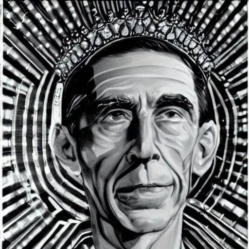 Image similar to Claude shannon father of cybernetics and artificial intelligence wearing a crown, highly detailed, award winning art, featured on art station