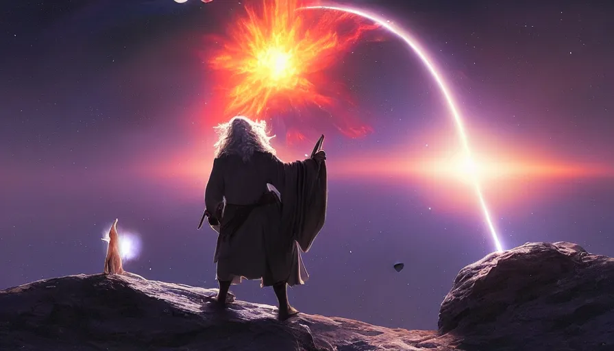 Image similar to a beautiful painting of gandalf watching a red giant star going supernova in the sky of an alien world, ray traced lighting by jean kalin popov and greg rutkowski