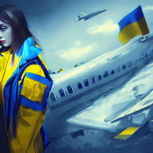 Prompt: ukrainian girl with blue and yellow clothes near big ruined plane, concept art, trending on artstation, highly detailed, intricate, sharp focus, digital art, 8 k