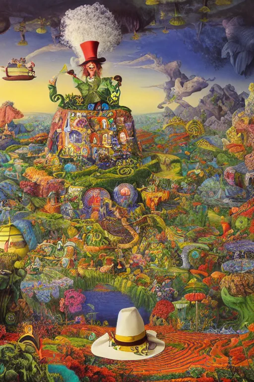 Image similar to the mad hatter in a magical realism landscape in wonderland by jacek yerka and salvador dali, detailed matte painting, 8 k resolution