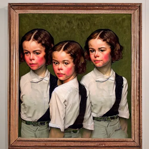 Image similar to Frontal portrait of three Emma Stones. A painting by Norman Rockwell.