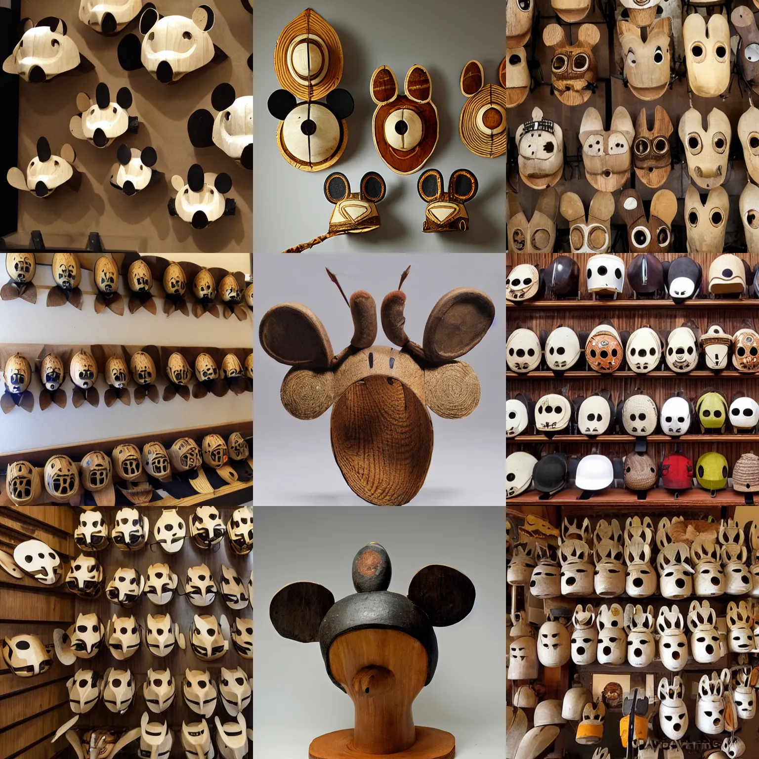 Prompt: Collection of African Traditional Wooden DeadMau5 helmets with ivory ears, Museum Photos