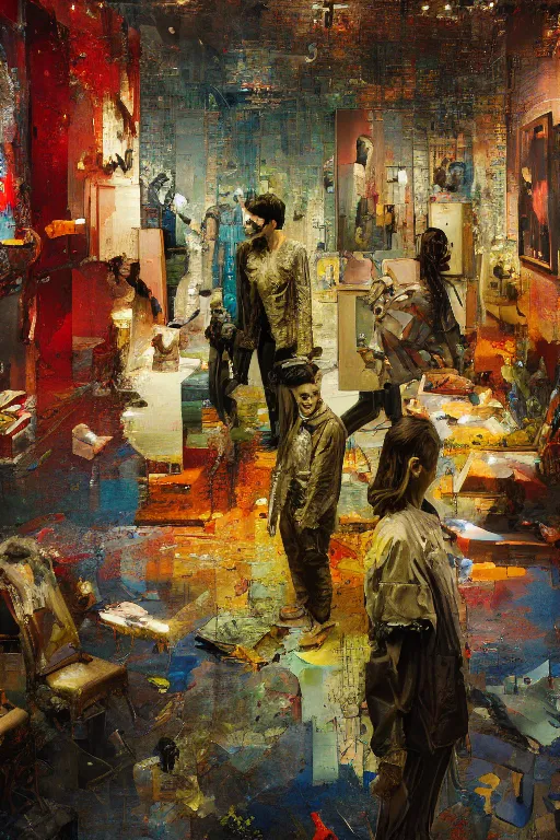 Image similar to a beautiful glitched painting by robert proch of people in front of a painting in a museum gallery, metal rust and plaster materials, pixel sorting, color bleeding, brushstrokes by jeremy mann, still life, dark colors