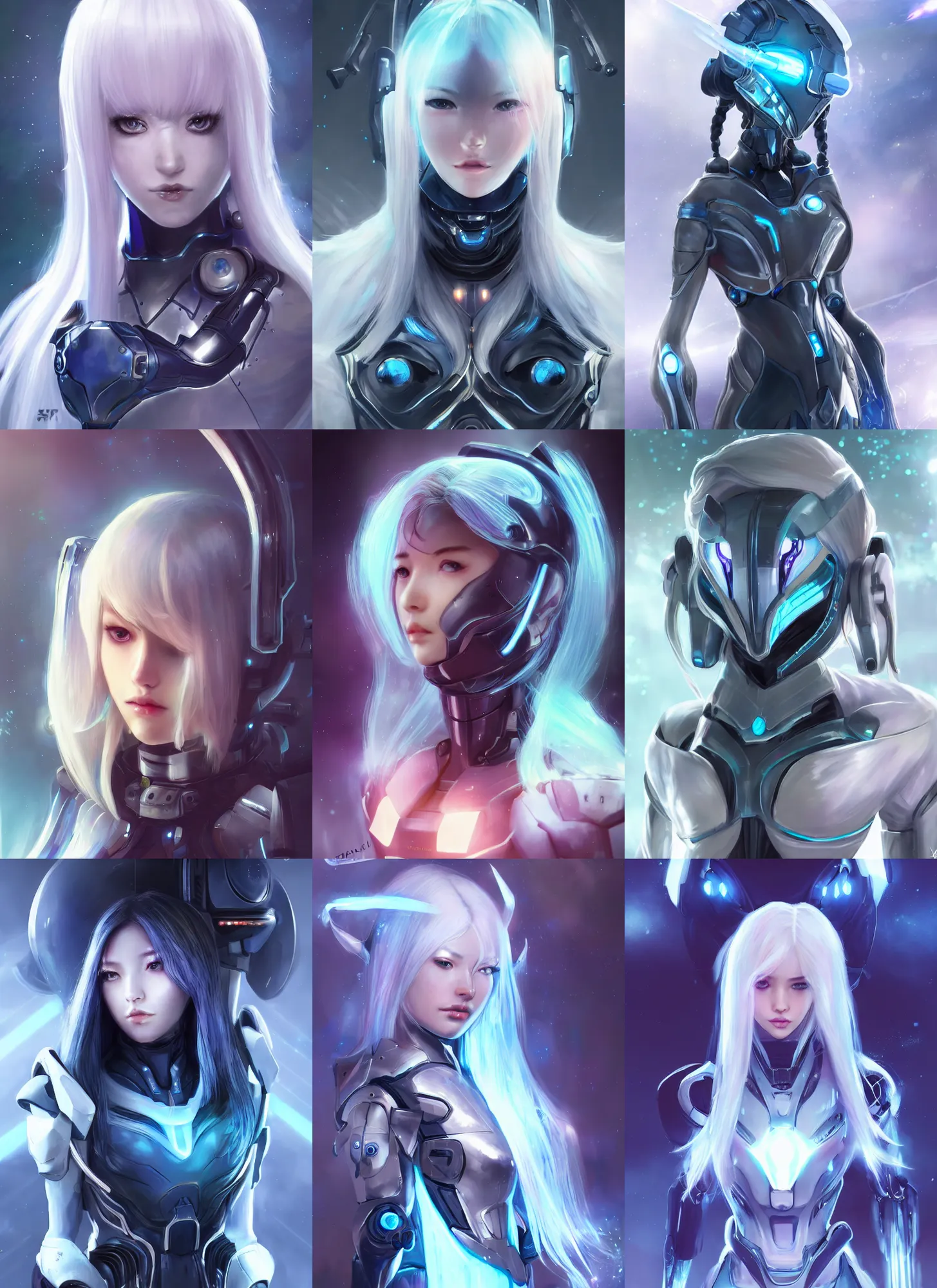 Prompt: perfect android girl, warframe armor, beautiful face, scifi, futuristic, galaxy, nebula, bae suzy, dreamy, long white hair, blue cyborg eyes, cinematic lighting, highly detailed, very cute, focused, artstation, divine, by gauthier leblanc, kazuya takahashi, huifeng huang, jama jurabaev