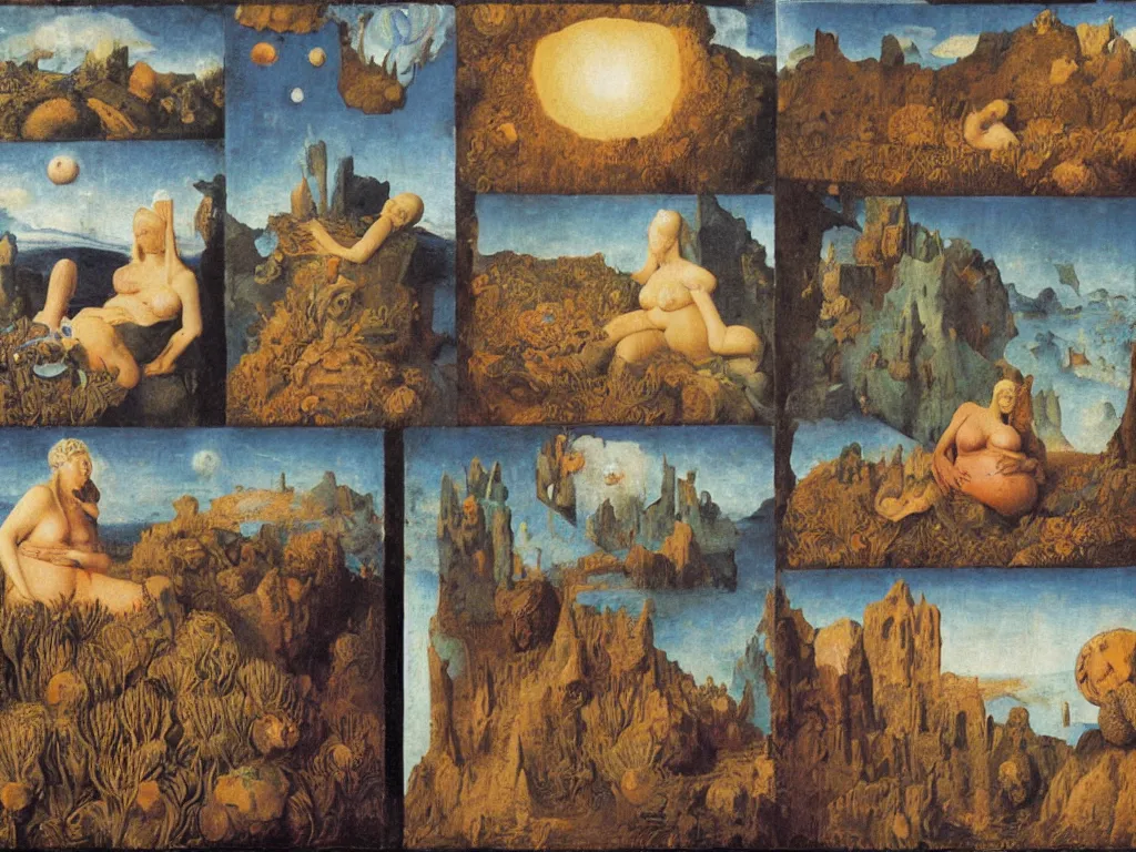 Image similar to Portrait of a sleeping pregnant woman thistles in the ruined acid eaten city. Aurora night, sweaty mountain, African mask. Constellations, meteor crater. Painting by Jan van Eyck, Agnes Pelton, Rene Magritte, Jean Delville, Max Ernst, Maria Sybilla Merian