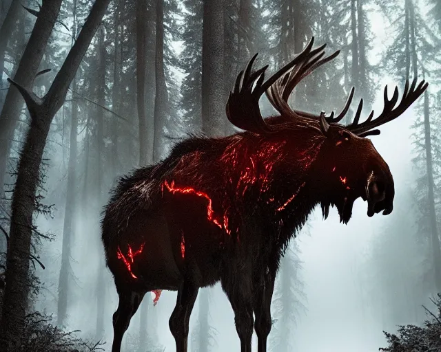 Image similar to 5 5 mm portrait photo of an armored demonic burning moose with red eyes antlers and looking at the camera, in a magical forest. magical atmosphere. art by greg rutkowski and luis royo. highly detailed 8 k. intricate. lifelike. soft light. nikon d 8 5 0.