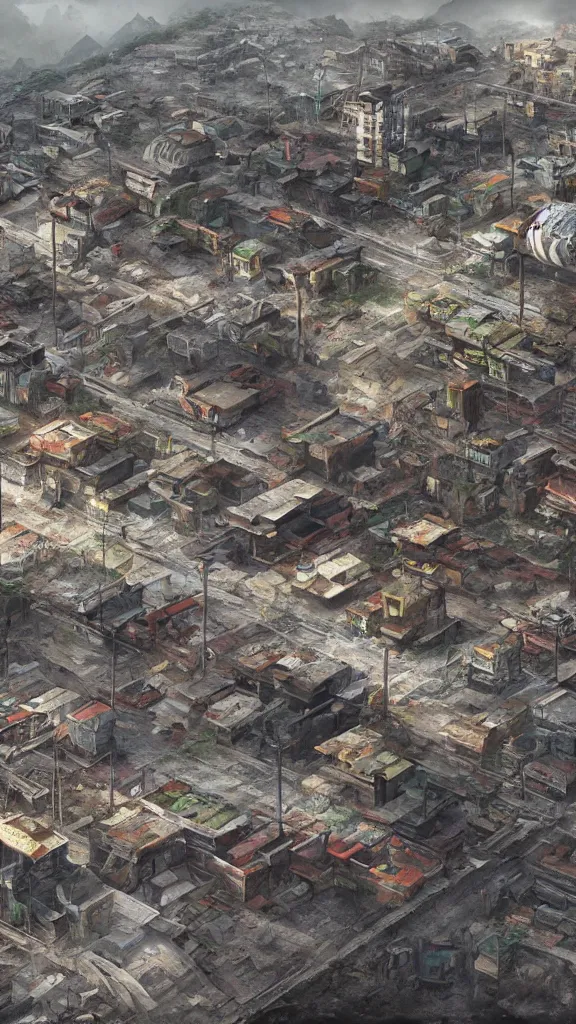 Image similar to a beautiful highly detailed matte painting of a huge derelict cargo favela by Jose Daniel Cabrera Pena and Leonid Kozienko, concept art