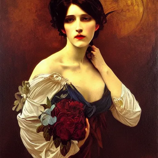 Image similar to A beautiful painting of a lady vampire, victorian, ominous, oil on canvas, photorealism, alphonse mucha, caravaggio, high definition, soft light