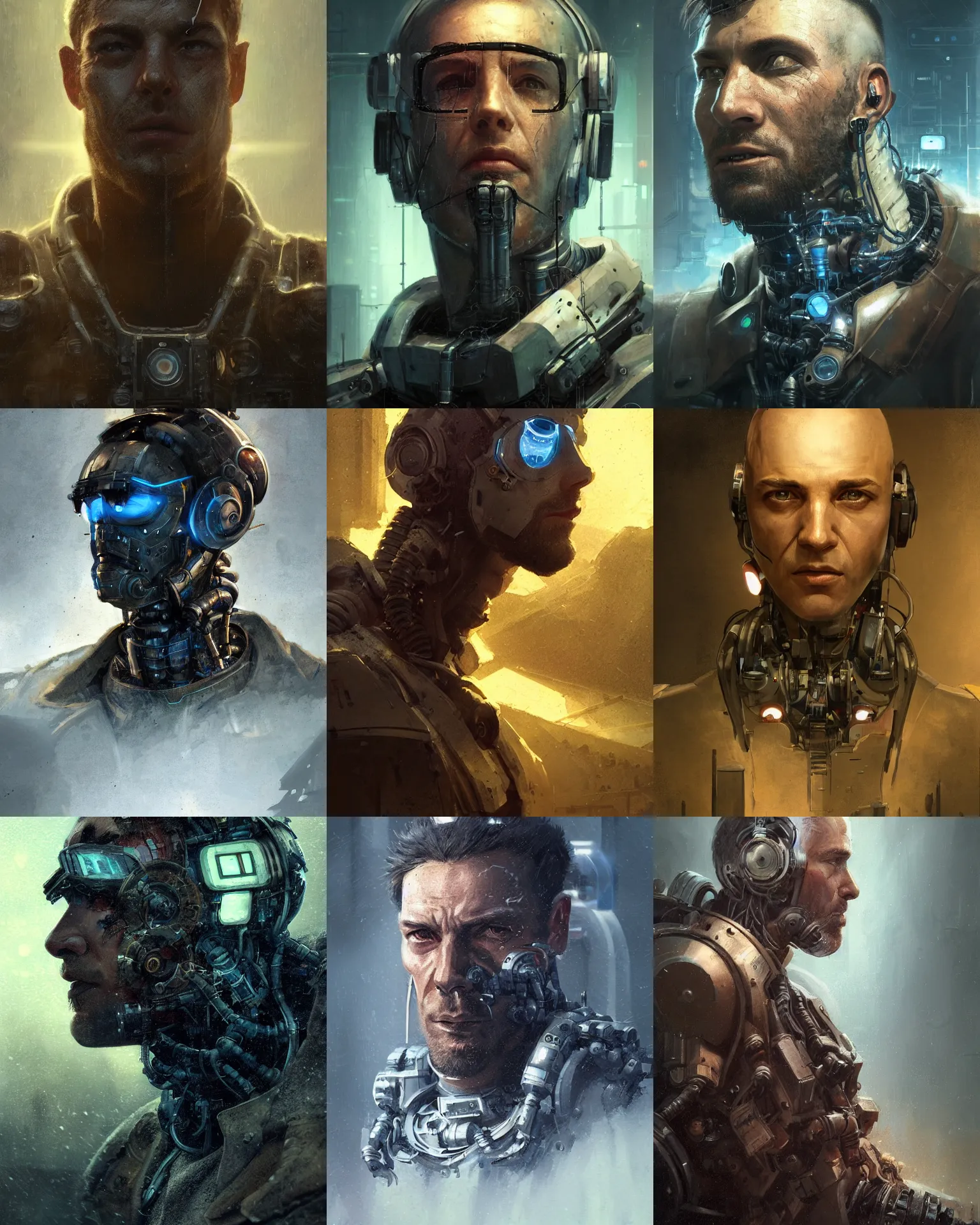 Prompt: a rugged research engineer man with cybernetic enhancements, detailed face, scifi character portrait by greg rutkowski, esuthio, craig mullins, 1 / 4 headshot, cinematic lighting, dystopian scifi gear, gloomy, profile picture, mechanical, half robot, implants, steampunk, warm colors