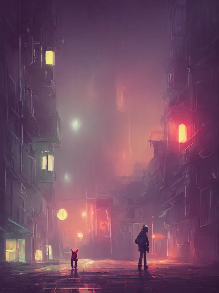 Image similar to a single little boy and a white rabbit in a dark alley city with neonlights by night a painting from stalenhag, 4 k, 8 k, hdr, artstation, concept art