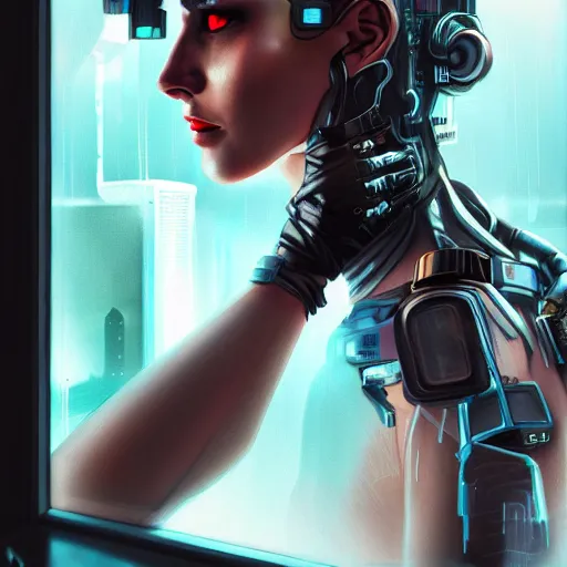 Prompt: portrait of cyberpunk woman looking out of a window, cyberpunk setting, futuristic, highly detailed, intricate lighting, digital painting, sharp focus, illustration, trending on artstation, art by marc brunet.