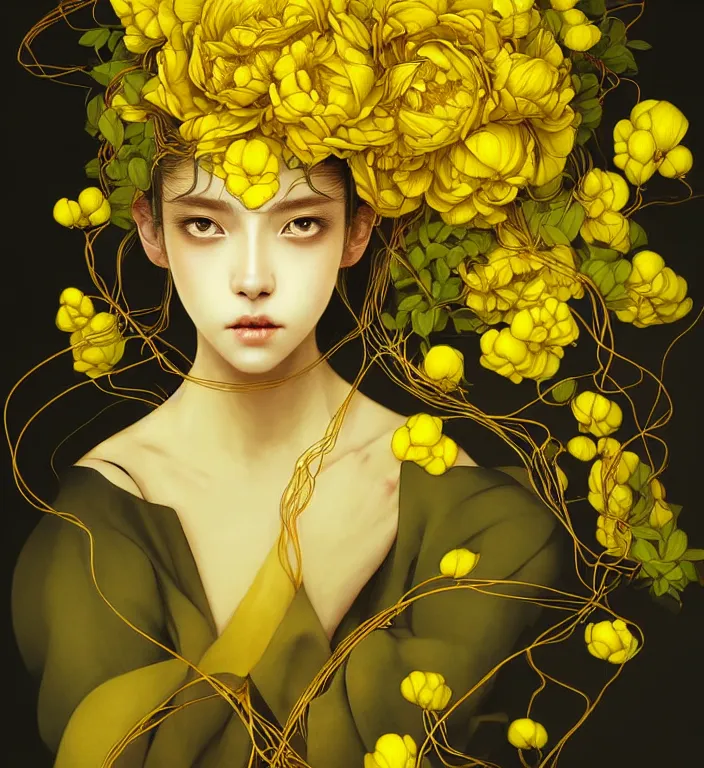 Image similar to beautiful yellow woman, symmetrical portrait, realistic, black peonies, tangled vines, rich details, by wlop and amano yoshitaka