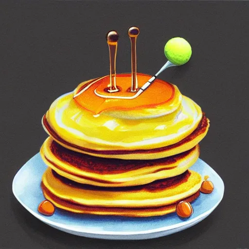 Prompt: a tennis ball monsters eating fluffy pancakes with syrup, colorful, digital art, fantasy, magic, chalk, trending on artstation, ultra detailed, professional illustration by basil gogos