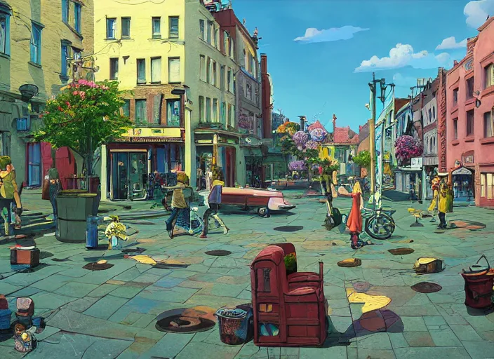 Image similar to dublin townsquare, summer morning, very coherent and colorful high contrast, art by gediminas pranckevicius, geof darrow, makoto shinkai, dark shadows, hard lighting