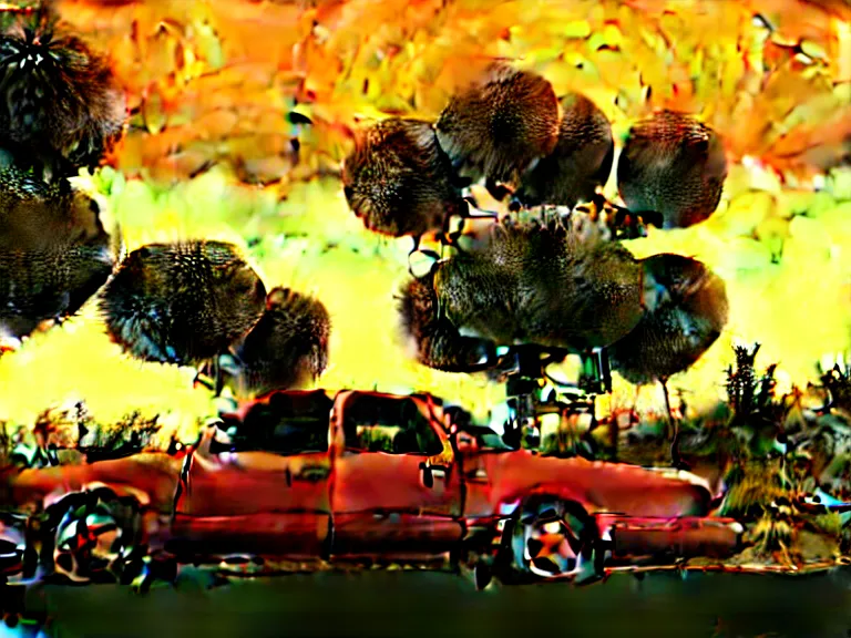 Image similar to low angle shot of tree growing inside scrap car in the foreground. overgrown. soft golden red sunset over the mountains in the background. clouds. detailed leaves, the style of 1 9 9 0's cg graphics against the cloudy night sky, lsd dream emulator psx, 3 d rendered y 2 k aesthetic by ichiro tanida, 3 do magazine, wide shot