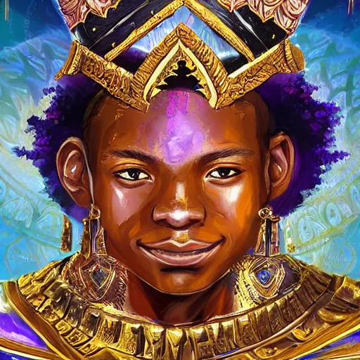 Image similar to a young black boy dressed like an african moorish warrior in gold armor and a crown with a ruby, and a very ornate glowing scimtar, for honor character digital illustration portrait design, by android jones in a psychedelic fantasy style, dramatic lighting, hero pose, wide angle dynamic portrait