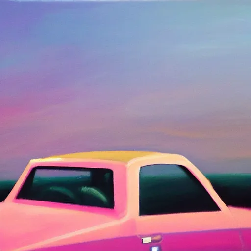 Image similar to an old 1 9 8 0 s car parked off the road, sunset, ocean in distance, pink, oil painting, pale colors, high detail, 8 k, wide angle, trending on artstation,