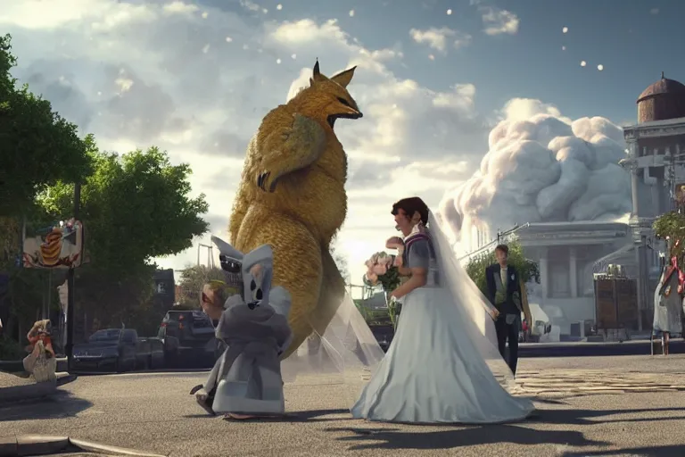 Image similar to a still from My Big Fat Greek wedding, wedding, wedding, with Fox McCloud and Fox McCloud and godzilla, octane render, nvidia raytracing demo, masterpiece