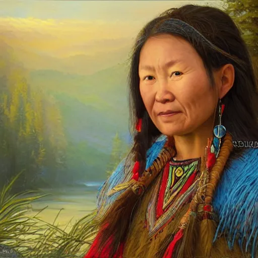 Image similar to portrait of a tuvans woman ( 3 5 ) from tuva, siberia, russia in 2 0 2 1, an oil painting by ross tran and thomas kincade