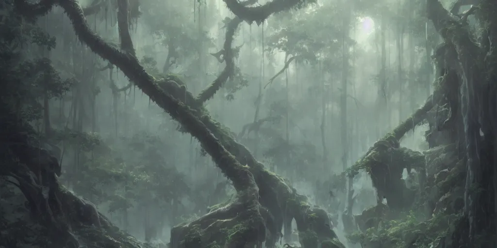 Image similar to a film still portrait of an ominous spirit, finely detailed features,, perfect art, an ancient primordial rainforest trending on pixiv fanbox, painted by greg rutkowski makoto shinkai takashi takeuchi studio ghibli