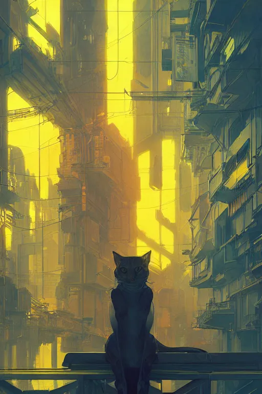 Prompt: yellow cat inside a synth wave city, highly detailed, digital painting, artstation, concept art, sharp focus, illustration, art by greg rutkowski and alphonse mucha