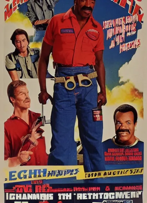 Image similar to an 8 0's john alvin action movie poster starring eddie murphy face as a plumber to rich people. bathroom. overalls. tool belt. the movie is called with text beverly hills crap