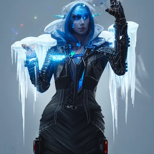 Prompt: a portrait of a evil cybernetic magician releasing ice spell, cyberpunk concept art, trending on artstation, highly detailed, intricate, sharp focus, digital art, 8 k