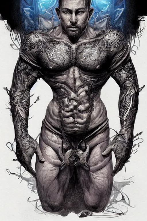 Image similar to Portrait of frontal standing pose torso of a very attractive man heavily all his skin is covered by BIKER tattoos, surrounded by magic lightings overlays, Intricate, concept art, magic lighting overlays, magical portal opened, D&D!, fantasy style, sharp focus!, ultra detailed, art by Artgerm and Peter Andrew Jones, WLUP, Magali Villeneuve