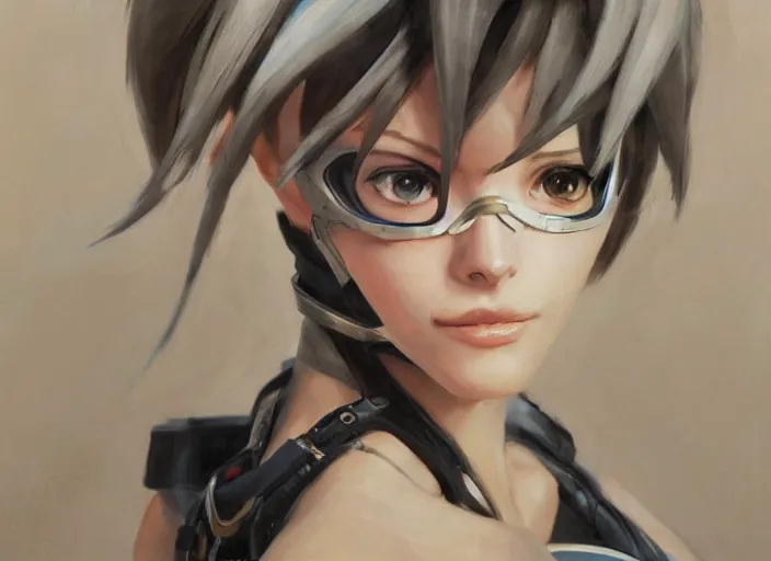 Image similar to a highly detailed beautiful portrait of tracer from overwatch as 2 b nier automata, by gregory manchess, james gurney, james jean