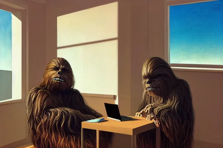 Image similar to wookiee comfy at home trading crypto on a laptop. the charts are at all - time - highs, painting by edward hopper, 3 d rendering by beeple