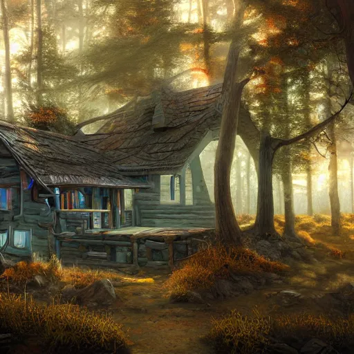 Image similar to cyborg fantasy cabin landscape photprealism ultradetailed digital art, irina french, heraldo ortega, mandy jurgens, golden ratio, art canvas, award winning, masterpiece trending on artstation 8 k 1 5 0 mpx