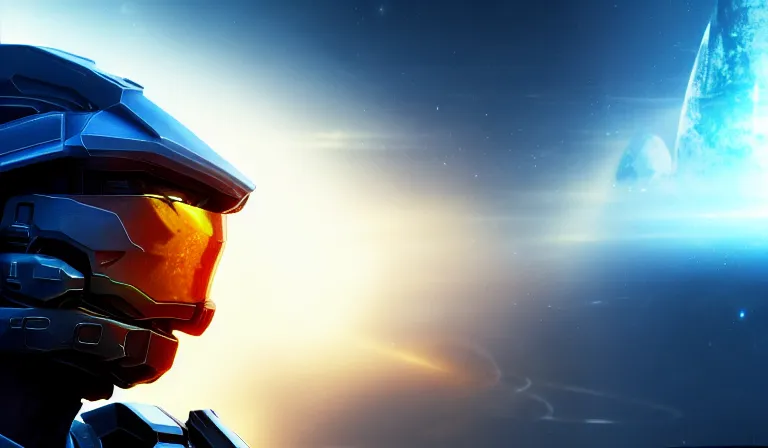 Image similar to cyberpunk halo helmet on space, planet behind, close shot, reflection, epic, dramatic, cinematic, award winning, ultra detailed, realistic, 8k,