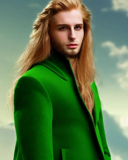 Prompt: in green coat Male fantasy character with golden long hair