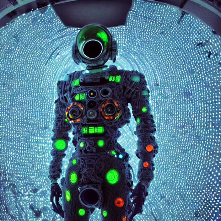 Image similar to a cybernetic symbiosis of a single astronaut mech-organic eva suit made of pearlescent wearing knitted shiny ceramic multi colored yarn thread infected with diamond 3d fractal lace iridescent bubble 3d skin dotted covered with orb stalks of insectoid compound eye camera lenses floats through the living room, film still from the movie directed by Denis Villeneuve with art direction by Salvador Dalí, wide lens,kevlar,carbon fiber,ceramics,gaseous materials,