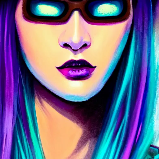 Image similar to closeup painting of a very beautiful young mexican cyberpunk woman with a smirk, light blue retro slotted shades, and a purple coloured leather jacket, one side haircut, long brown hair with light blue ends, portrait, sci - fi, hyperdetailed, artstation, cgsociety, synthwave by tangerine dream, by jean - michel jarre, by vangelis, by john carpenter