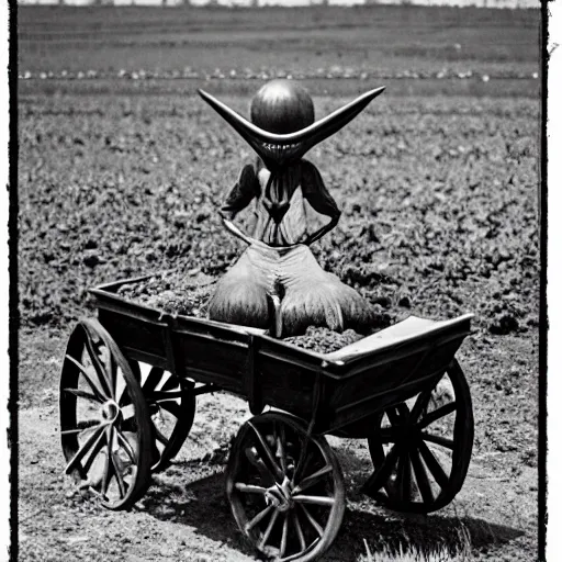 Image similar to an alien riding a wagon in a farm near dikanka, top secret style photo,