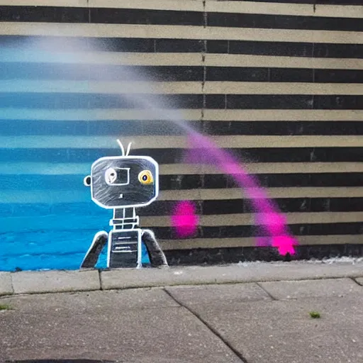 Prompt: a robot spray painting a brain half tone pattern on a wall, street art banksy style