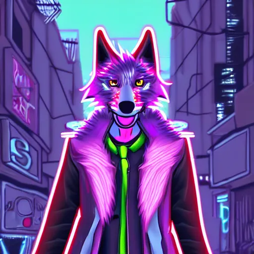 Image similar to beautiful furry art portrait commission of a androgynous furry anthro wolf fursona both wearing punk clothes in the streets of a cyberpunk city. neon signs.