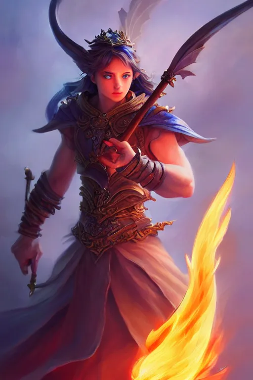 Image similar to legendary fairy prince hold flame staff, blue energy, highly detailed, d & d, fantasy, highly detailed, digital painting, trending on artstation, concept art, sharp focus, illustration, global illumination, ray tracing, realistic shaded, art by artgerm and greg rutkowski and fuji choko and viktoria gavrilenko and hoang lap