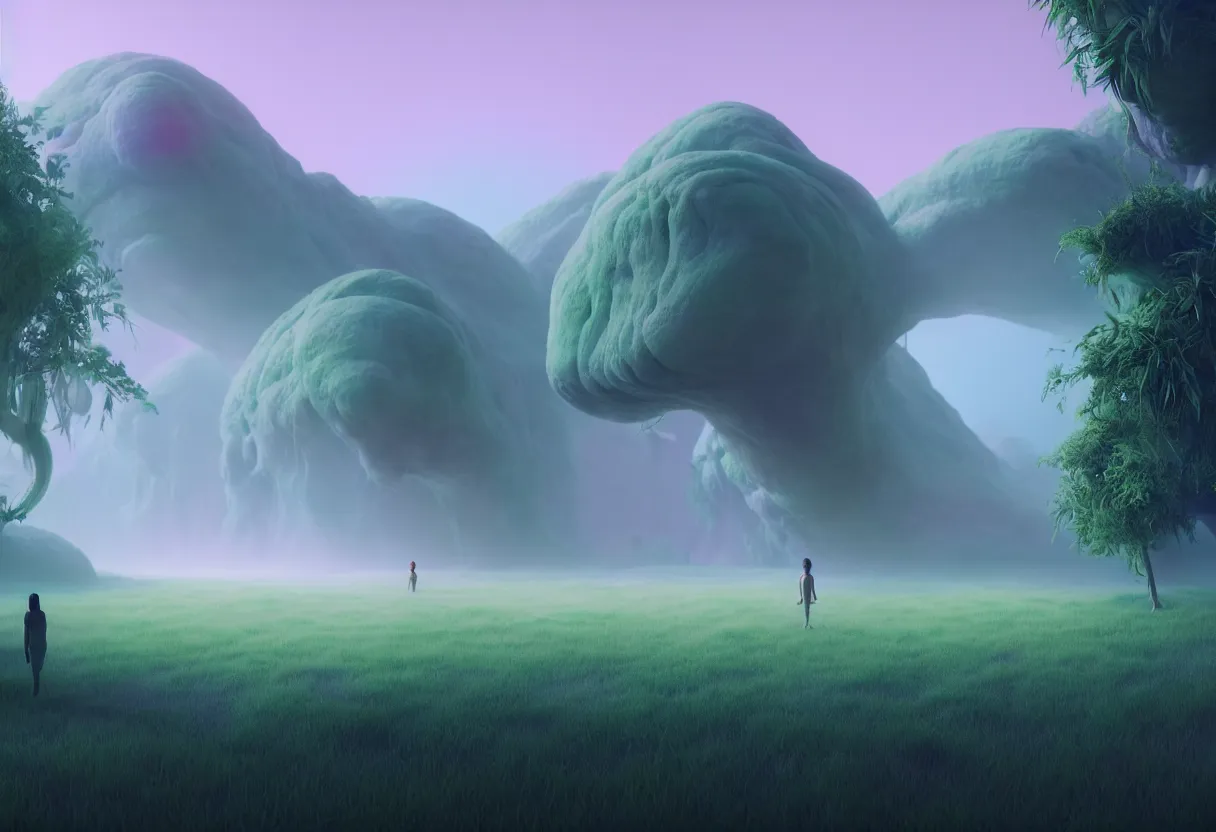 Image similar to inside of alien lush pastel colored landscape of human spirit and imagination, morning fog, matte painting, beautiful render, octane render, concept art