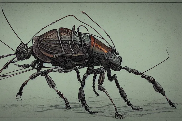 Image similar to beetle stork demolisher , in the style of Greg Broadmore and Arthur Rackham and Moebius,trending on artstation, light lighting side view,digital art,surrealism ,macro,blueprint ,vaporwave ,