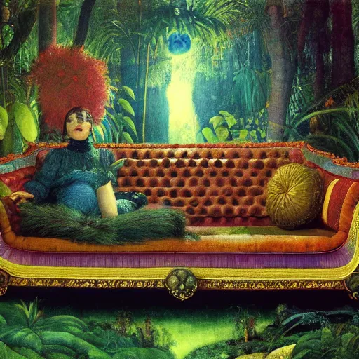 Image similar to psychedelic couch sofa in the lush forest, milky way, designed by arnold bocklin, jules bastien - lepage, tarsila do amaral, wayne barlowe and gustave baumann, cheval michael, trending on artstation, mediterranean, star, sharp focus, colorful refracted sparkles and lines, soft light, 8 k 4 k