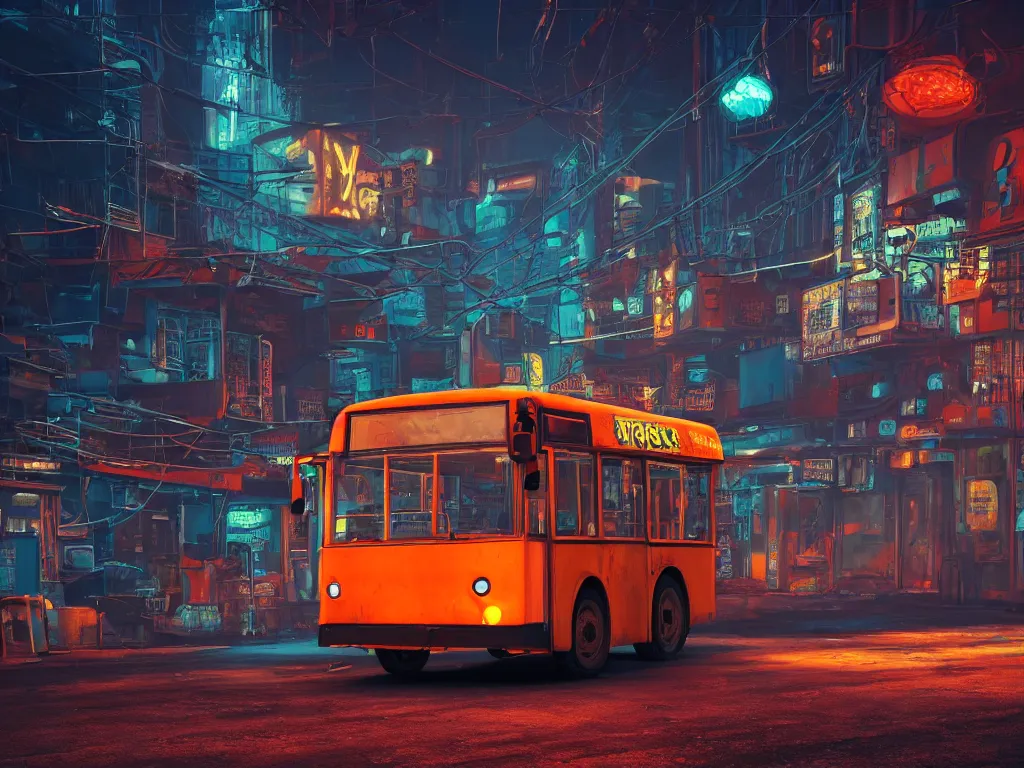 Image similar to an old shabby orange trolleybus stands at a stop on the other planet, headlights shine with neon light, in the background in the distance the earth, atmospheric, futuristic, cyberpunk, ray tracing global illumination, 8 k resolution, ultra detailed