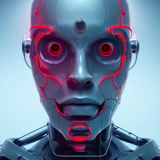 Image similar to an evil robot neural network denchinet, red eyes, hacking humans, detailed portrait,, 4 k, octane render, hd,