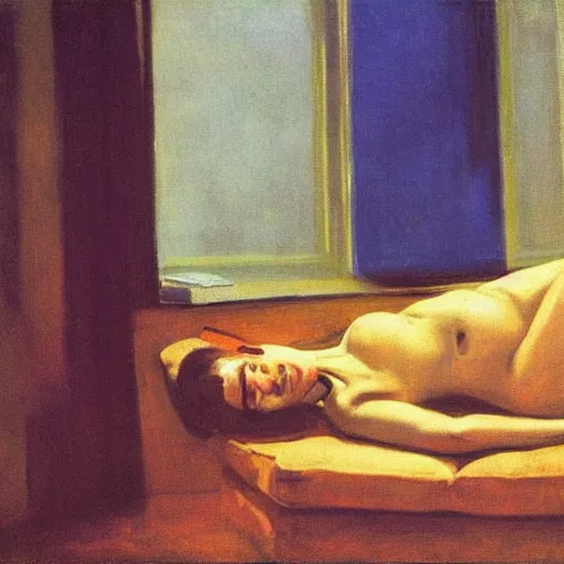 Image similar to Sigmund freud lying on the couch in a therapy room by Edward Hopper, evening light, light coming through the window