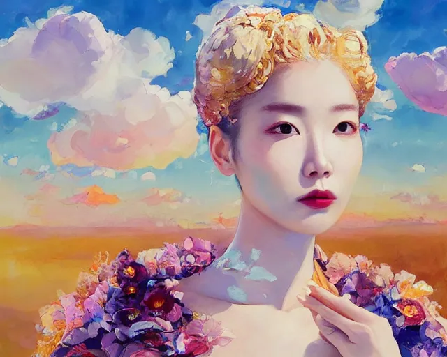 Prompt: lee jin - eun in elegant chic multiversal dress emerging from gold gold by martine johanna, michael garmash and katsuhiro otomo, rule of thirds, seductive look, beautiful, cotton candy clouds, puyallup berteronian, himalayan poppy flowers, gorgeous, face anatomy, refined, masterpiece
