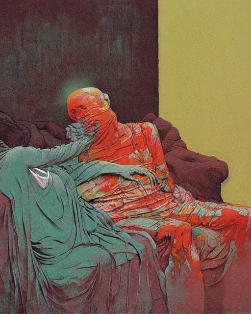 Image similar to thick flowing expressive acrylic painting of an old dead couple sitting on a couch in an old soviet apartment, Beksinski painting, part by Adrian Ghenie and Gerhard Richter. art by Takato Yamamoto, Francis Bacon masterpiece